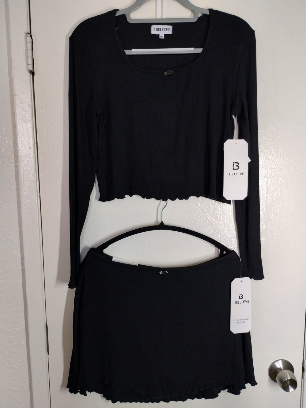 Black Long Sleeve Crop Top & Mini Skirt Set